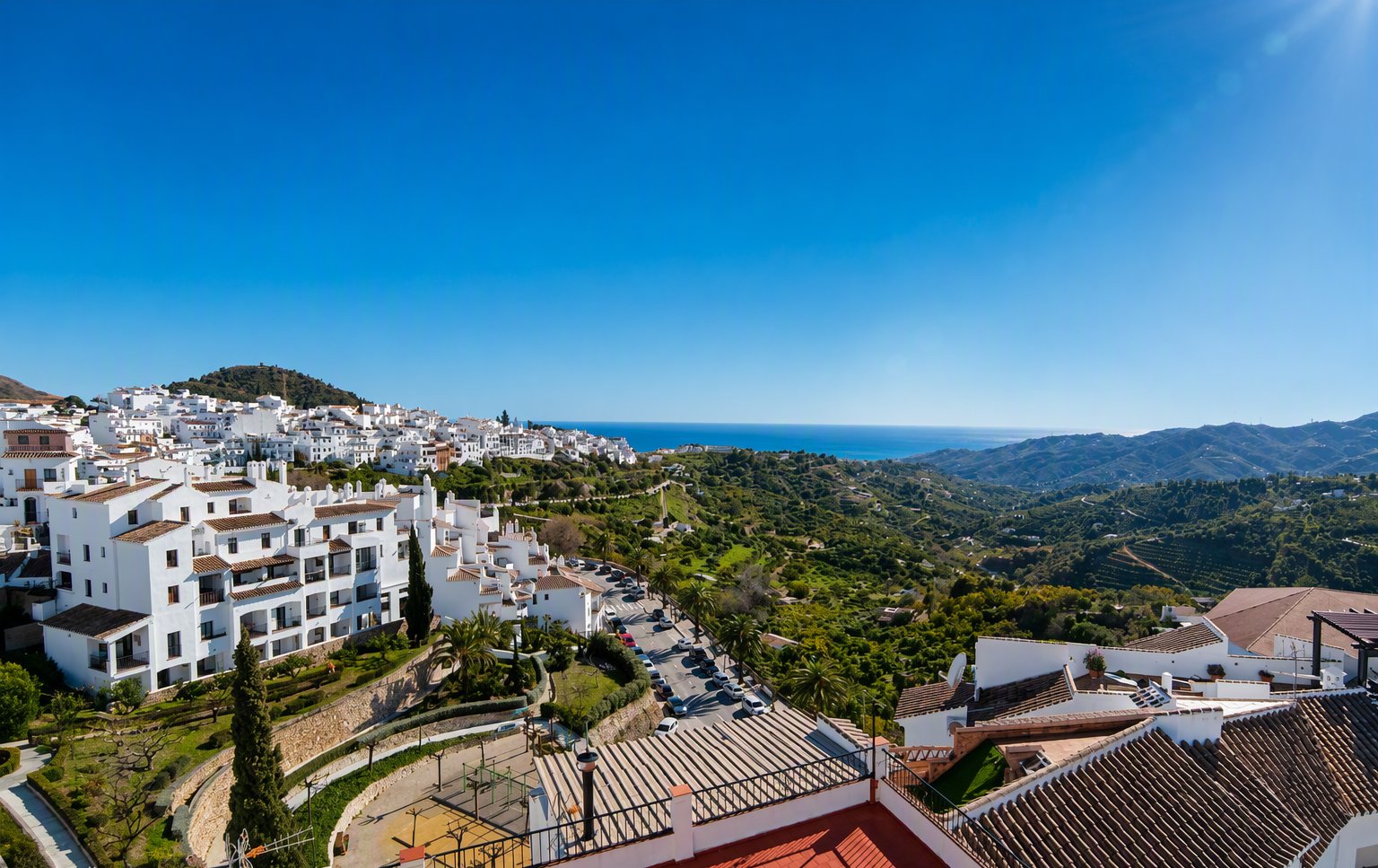 The view from the terrace — Frigiliana's rooftops and the sea